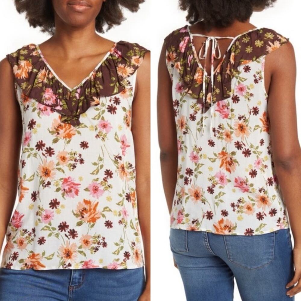 DR2 by Daniel Rainn White Floral Print Tank Blouse